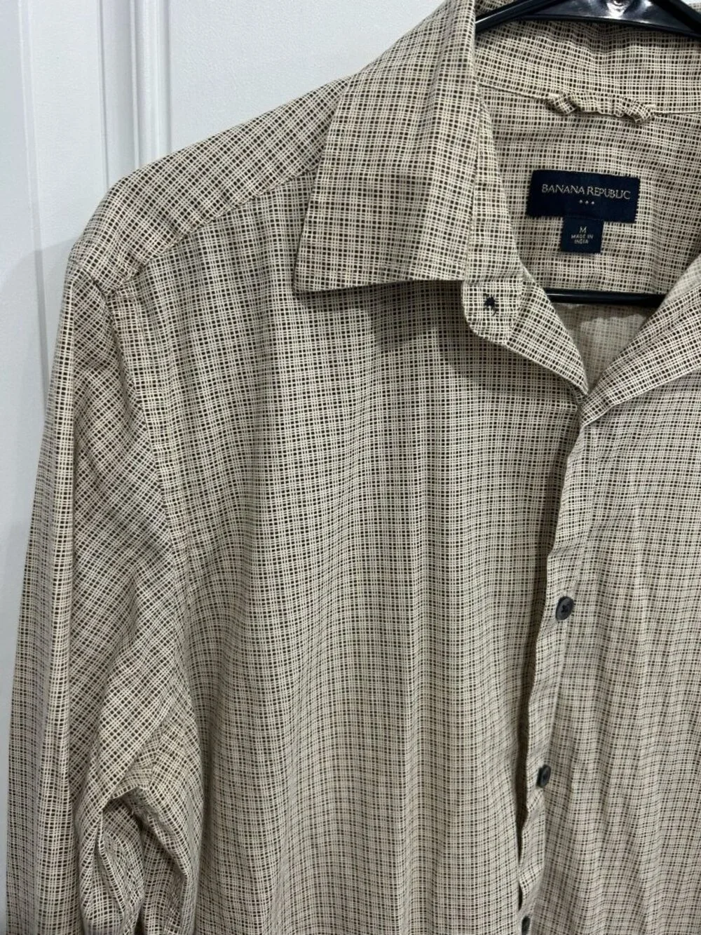 Banana Republic Medium Mens Beige Brown Plaid Button Up Shirt Vintage Academia